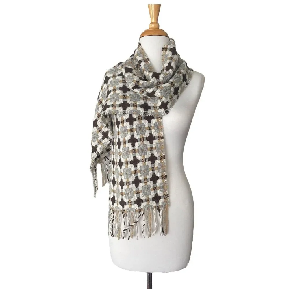 Women's Scarf Shawl Wrap 30% Wool Made in Italy Woven Brown Grey Fringe 68 x 10